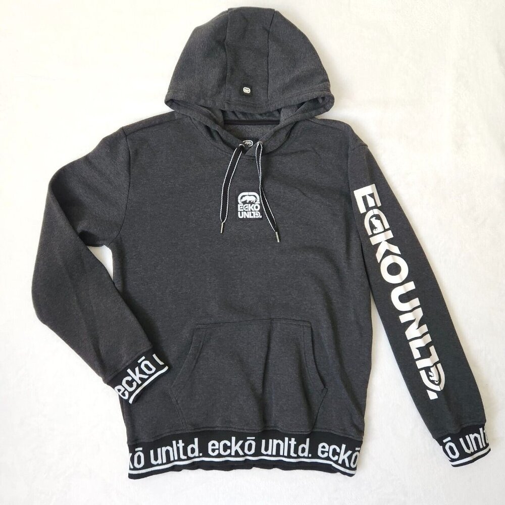 Y2K Ecko Unlimited‎ Hoodie Mens Large Gray Pullover Sleeve Spellout Vtg Hip Hop